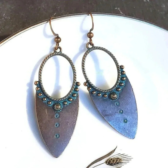 Antique Copper Verdigris Blue Green Patina Steampunk Open Shield Earrings - Picture 1 of 7